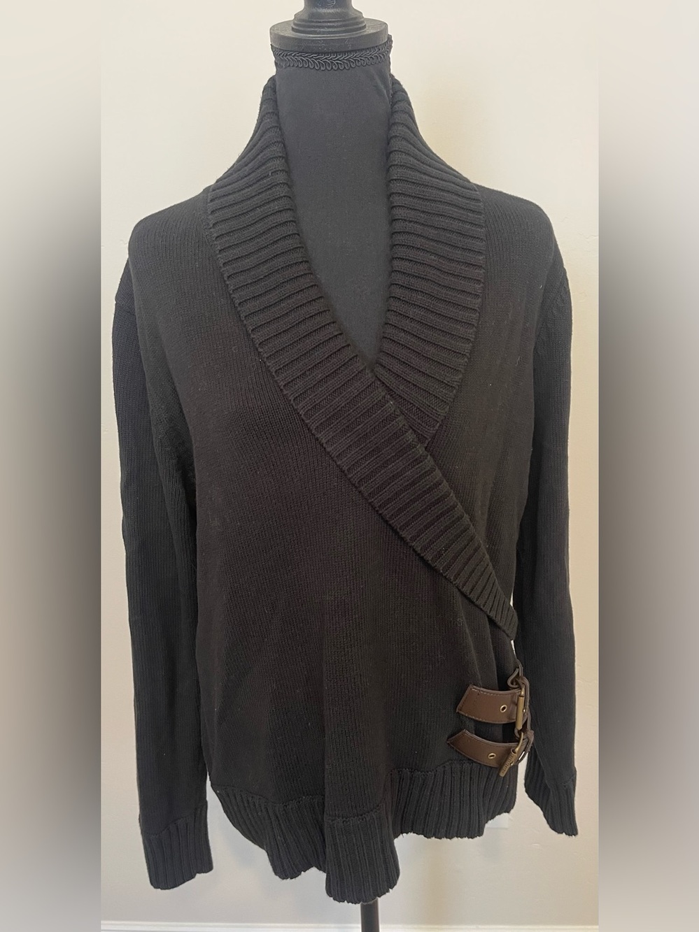 Michael Kors Women’s M Black Knit Poncho Cardigan Brown Buckle Wrap Sweater